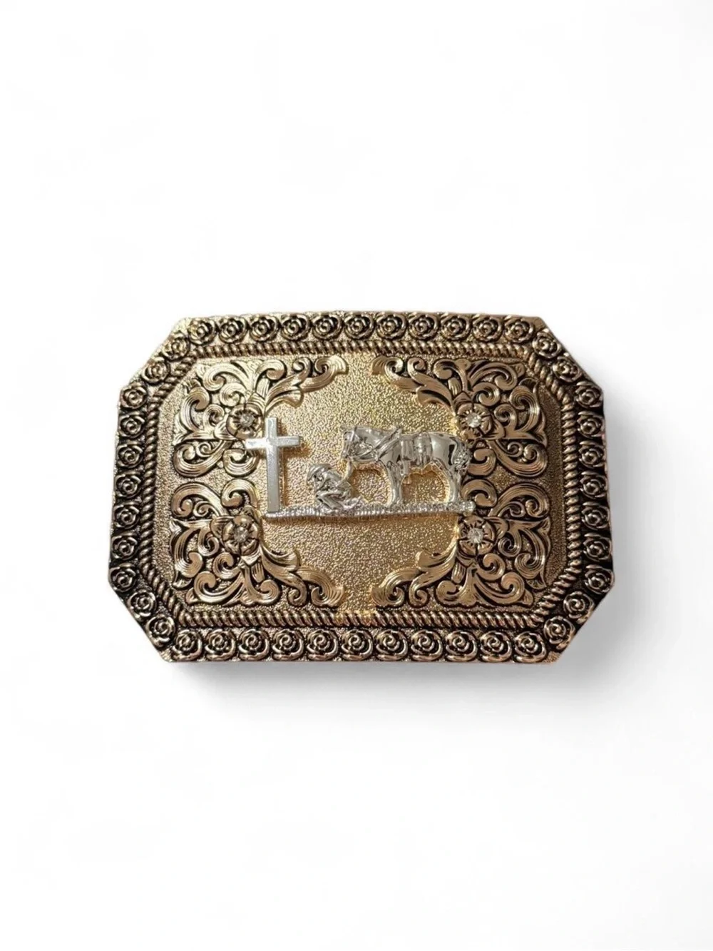 Silver & Gold Belt Buckle with Cross and Horse Design